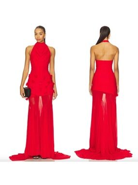 Red Halter Maxi Gown with Sheer Skirt and Floral Appliqué
